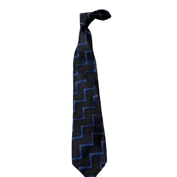 Hugo Boss 100% Silk Black & Blue Zigzag Pattern Mens Tie - Picture 1 of 9